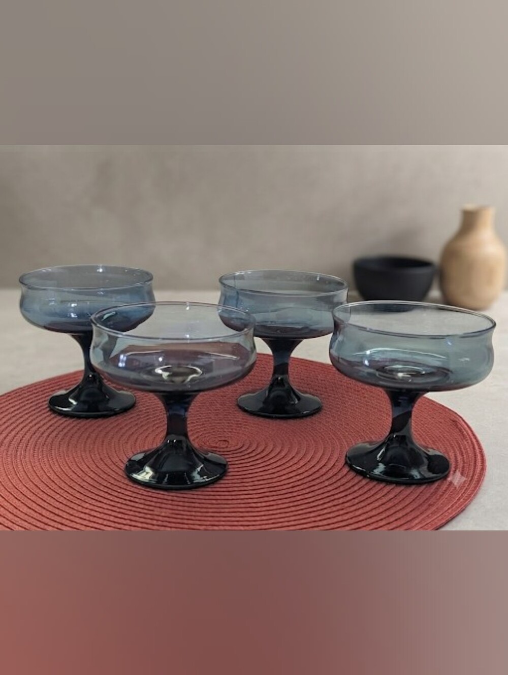 Vintage Mid-Century Modern Bluish-Grey Glass Coupes – Set of 4